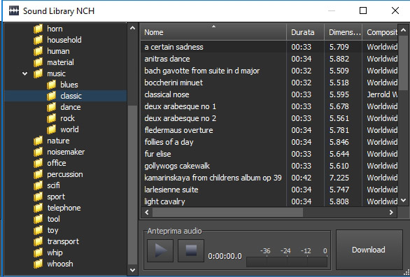 Screenshot della libreria degli effetti sonori di WavePad Audio Editor