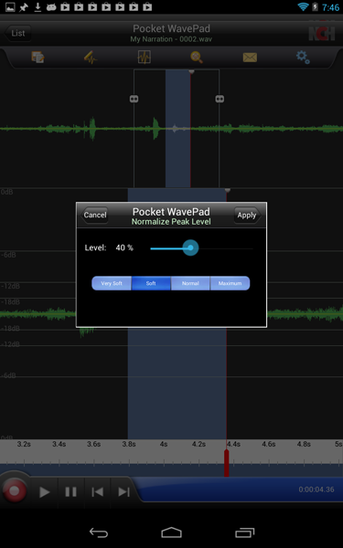 WavePad Android Audio Editor ustawienia nagrywania normalizują szczyt zrzut ekranu.