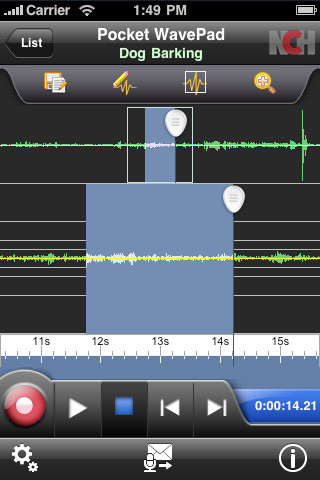 Zrzut ekranu przedstawiający pasek narzędzi WavePad Sound Editing Software.