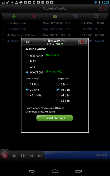 Salve seus arquivos de áudio como wav/gsm, mp3, aiff ou wav/pcm, e escolha a taxa de amostra e o tamanho.