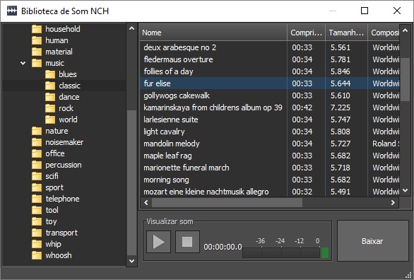 Captura de tela da biblioteca de efeitos sonoros do WavePad
