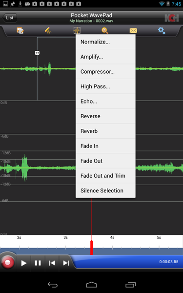 Screenshot WavePad Android Audio Editor Aufnahmeeinstellungen anpassen und normalisieren.