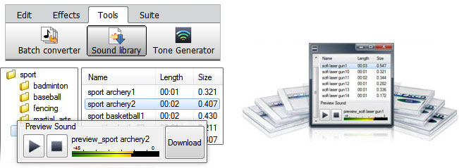 Find the sound effect library in WavePad under tools