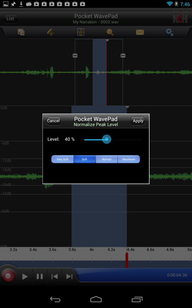 WavePad Ljudredigerare Android inspelningsinställningar normalisera toppskärmdump.
